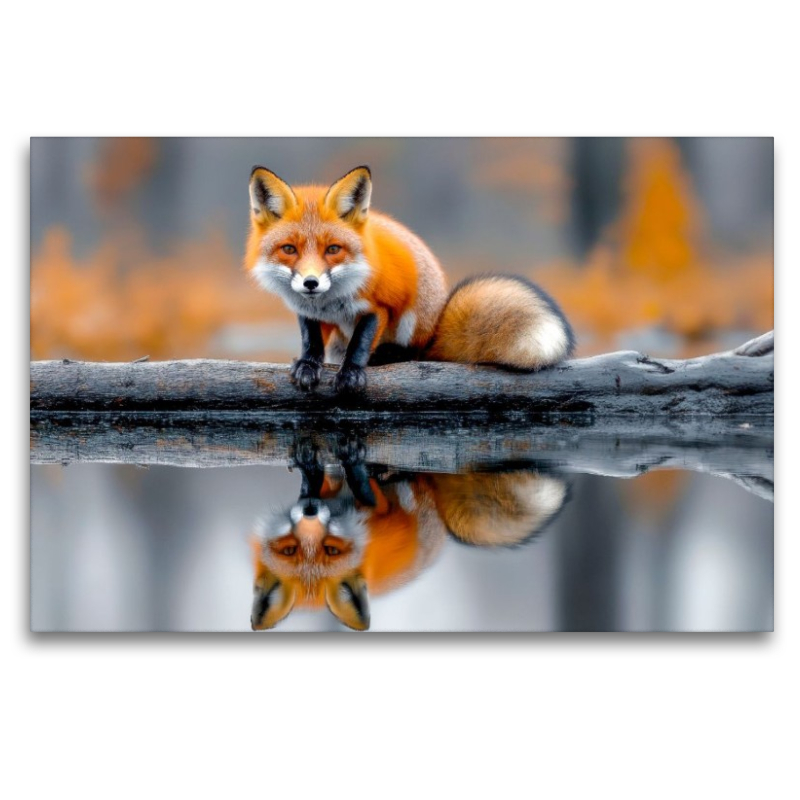 Ein neugieriger Fuchs auf einem treibenden Baumstamm, umgeben von stillem Wasser