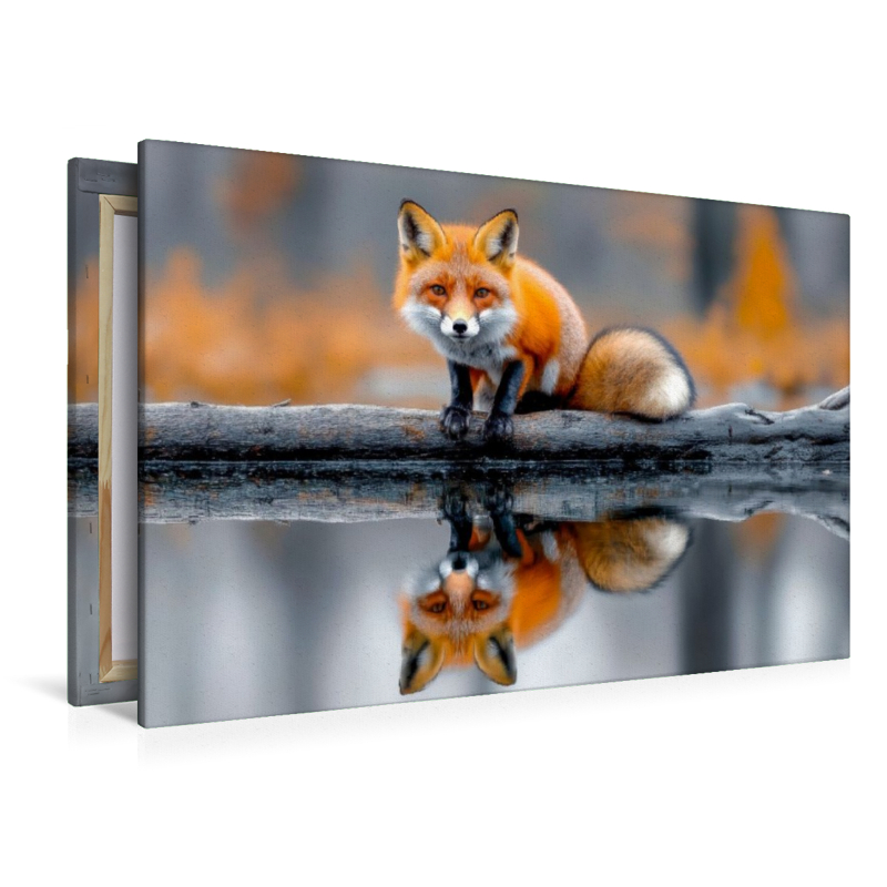 Ein neugieriger Fuchs auf einem treibenden Baumstamm, umgeben von stillem Wasser