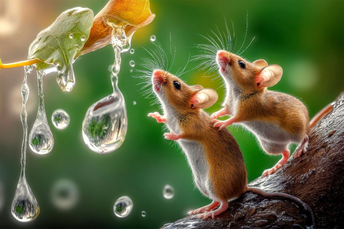 Zwei Mäuse beim Regentropfen-Fangen-Spiel
