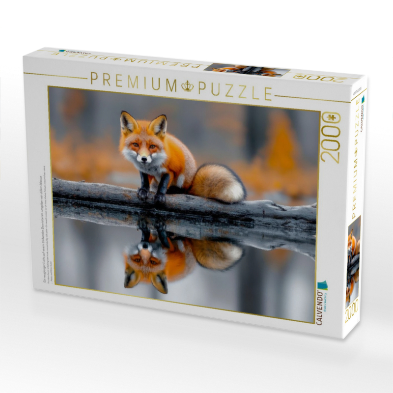 Ein neugieriger Fuchs auf einem treibenden Baumstamm, umgeben von stillem Wasser