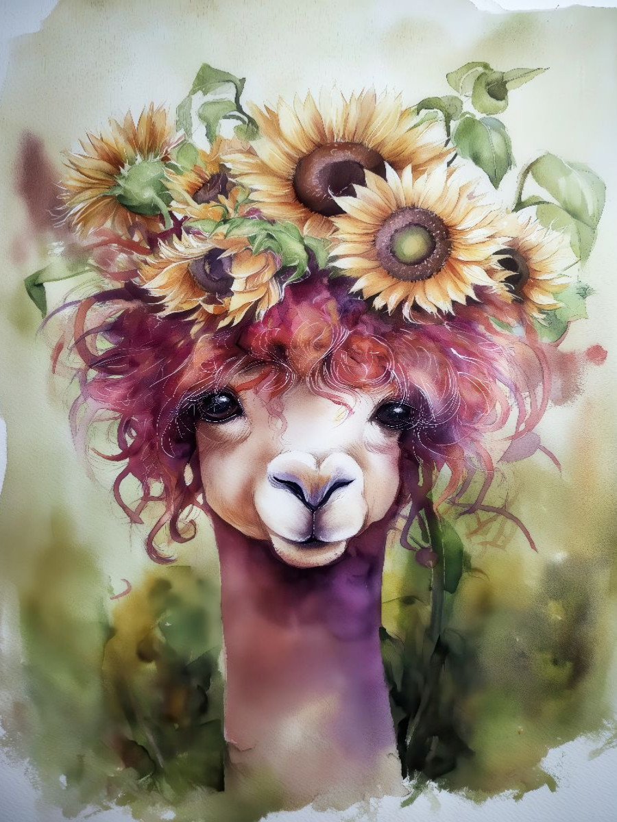 Alpaka mit Sonnenblumen