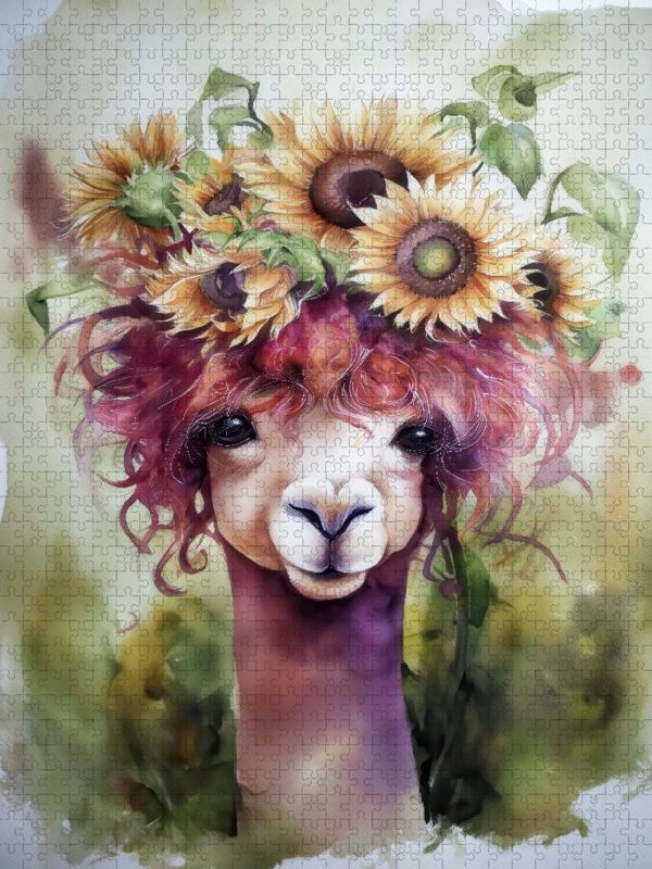 Alpaka mit Sonnenblumen