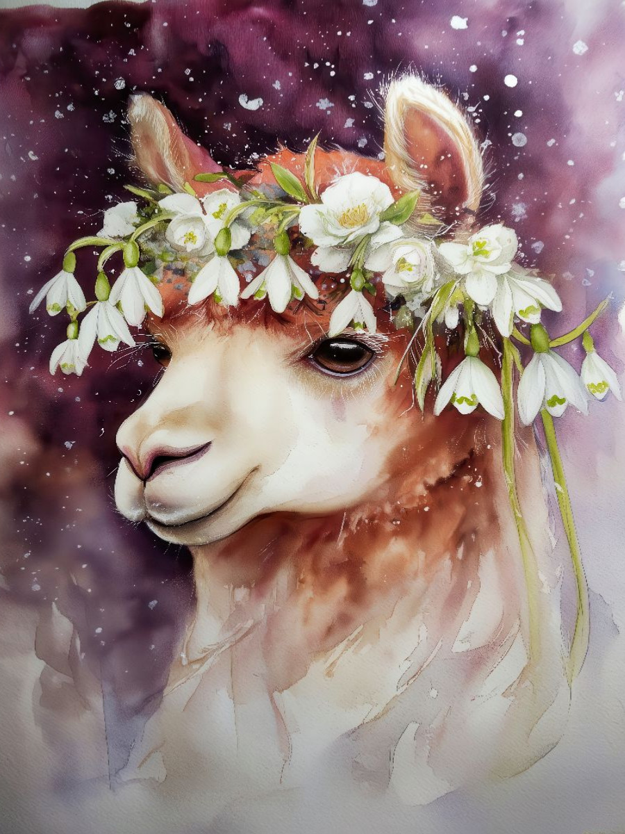 Alpaka mit Schneeglöckchen