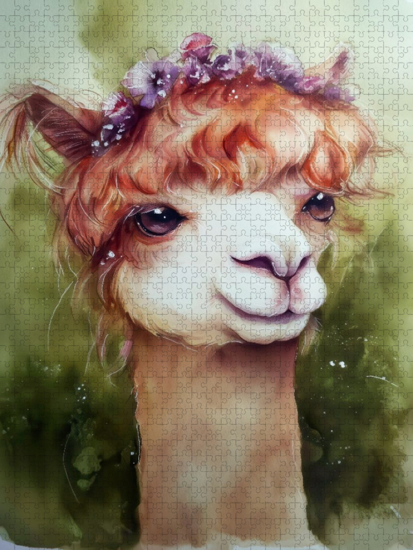 Alpaka mit Frühlingsblumen