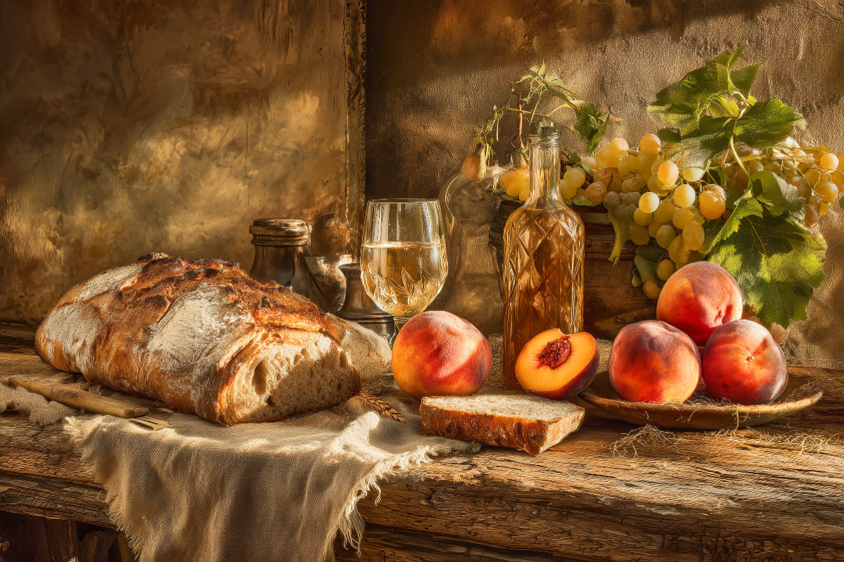Sommerküche auf Holztisch, duftendes Brot, Früchte und ein Glas im Abendlicht