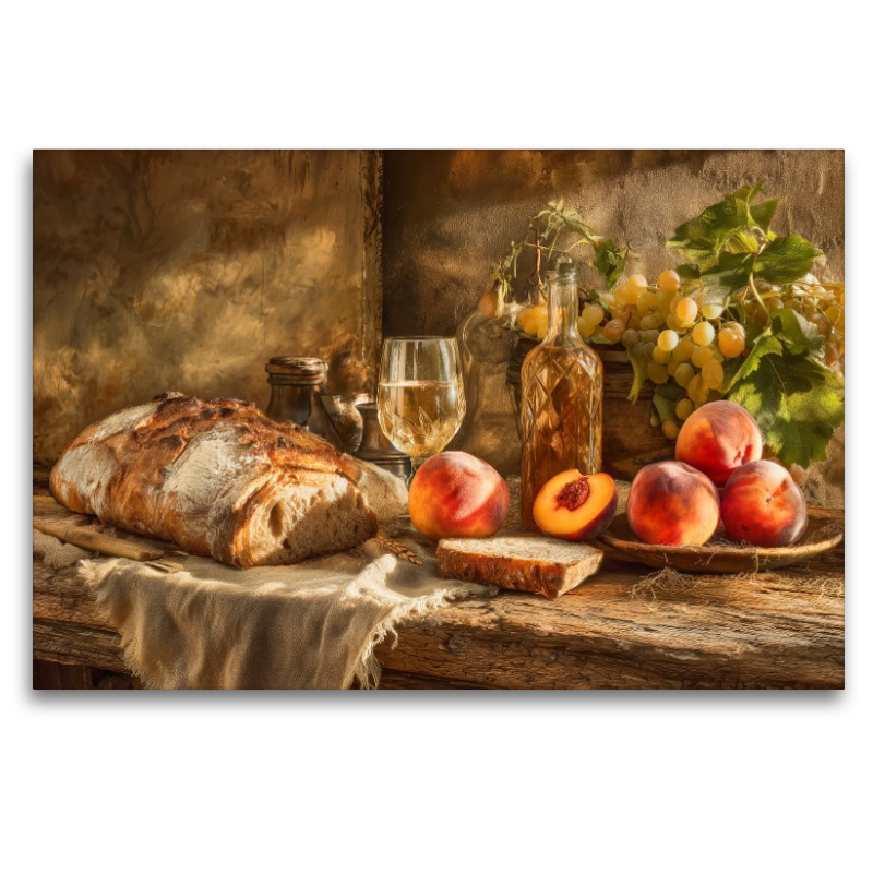 Sommerküche auf Holztisch, duftendes Brot, Früchte und ein Glas im Abendlicht