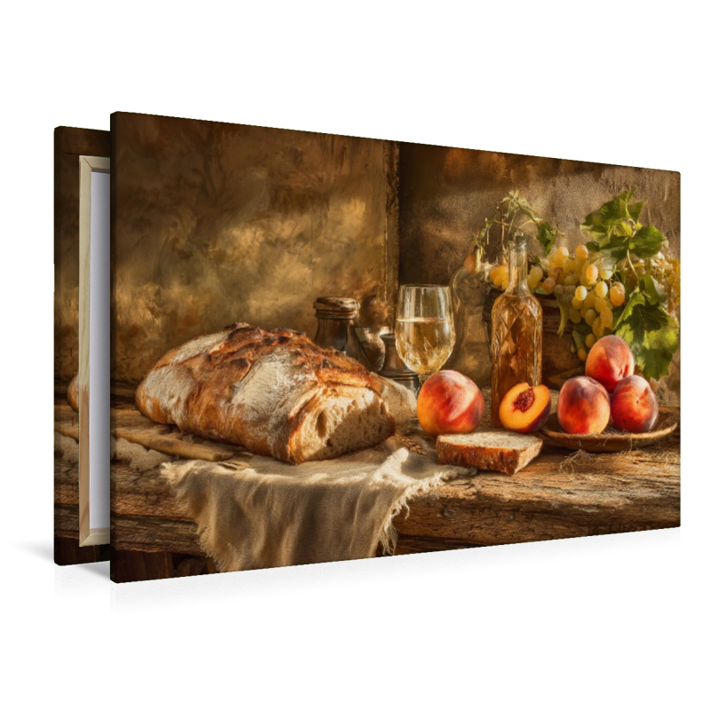 Sommerküche auf Holztisch, duftendes Brot, Früchte und ein Glas im Abendlicht