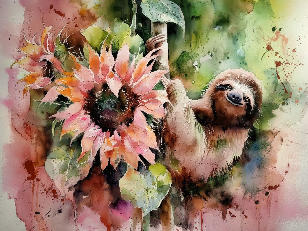 Faultier mit Sonnenblume