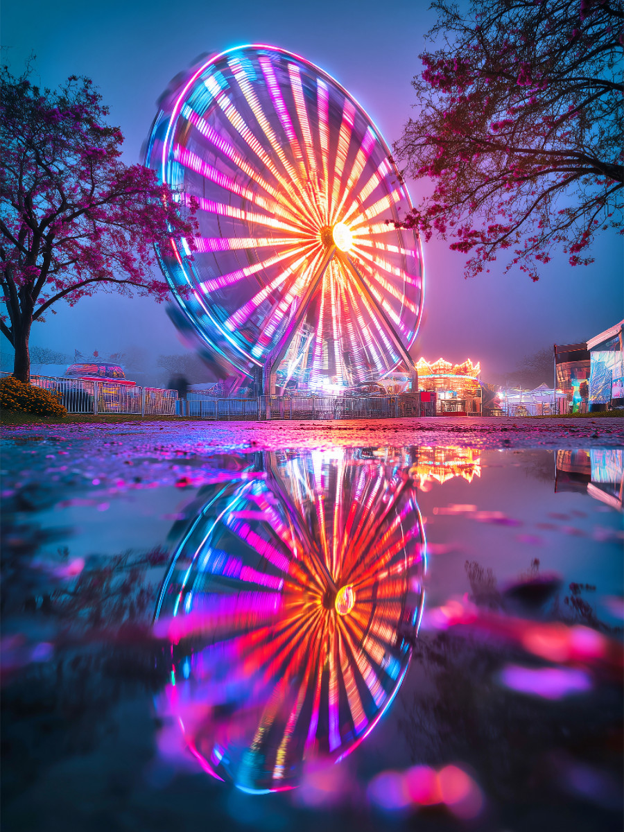Pfützen spiegeln Träume, während die Stadt in Farbe explodiert
