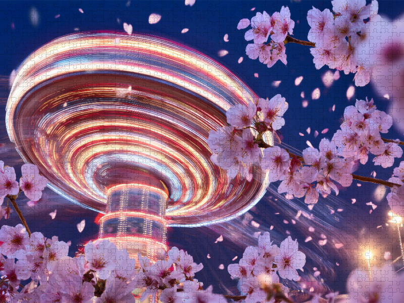 Blüten tanzen im Wind, während Lichtspuren den Frühling in Bewegung malen