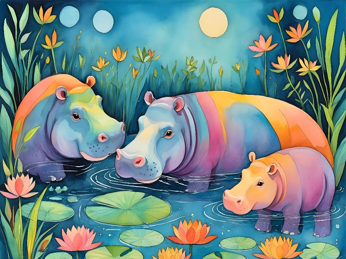 Kunterbunte Nilpferde im Wasser