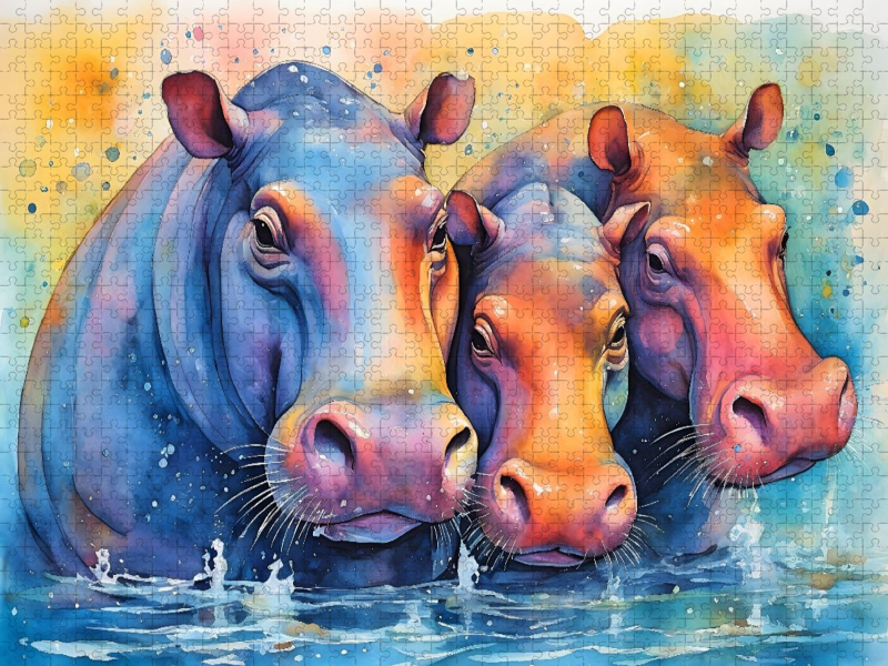 Planschende, bunte Nilpferde