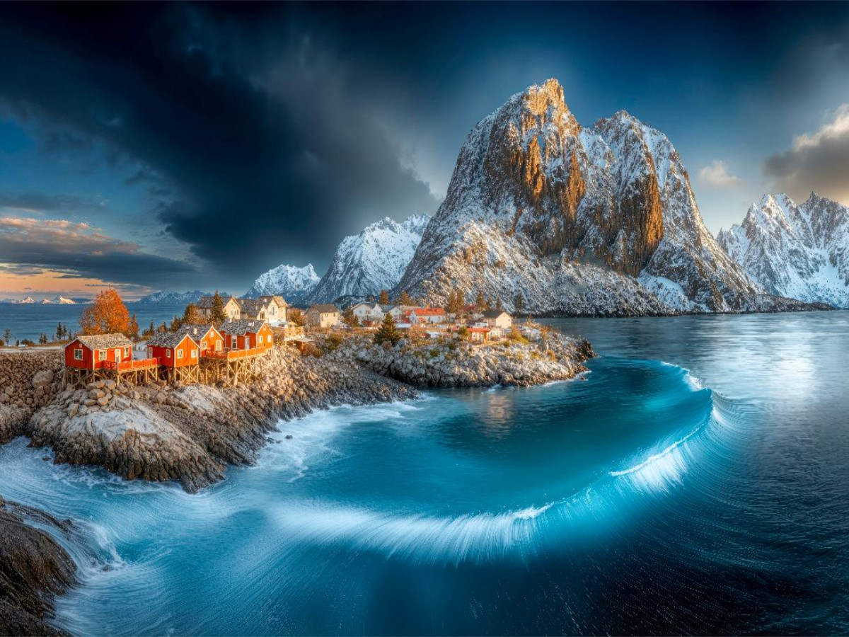 Blick auf die Rorbuer, traditionelle rote Fischerhäuser