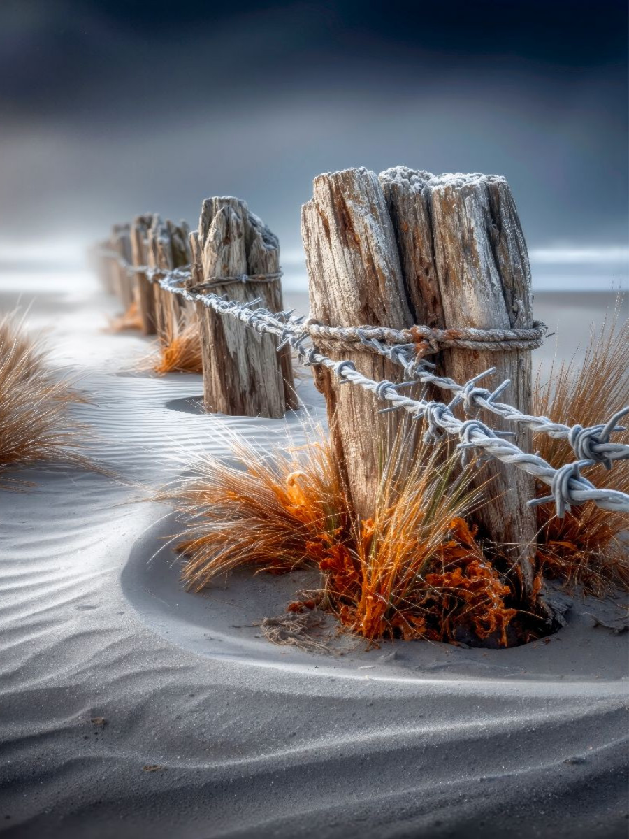 Strandschützende Holzpfähle widerstehen Frost und Sturm