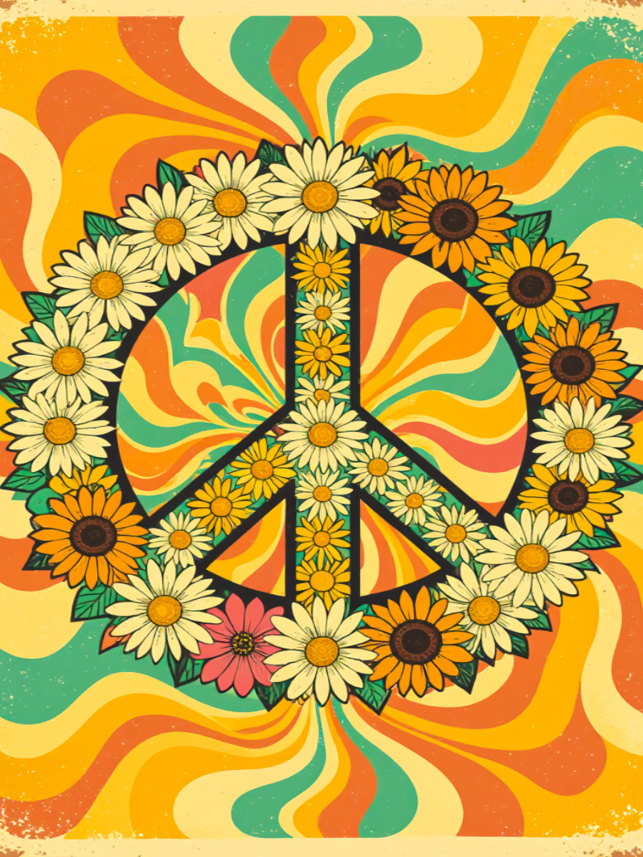 Blumiges Friedenszeichen im psychedelischen 70er-Stil