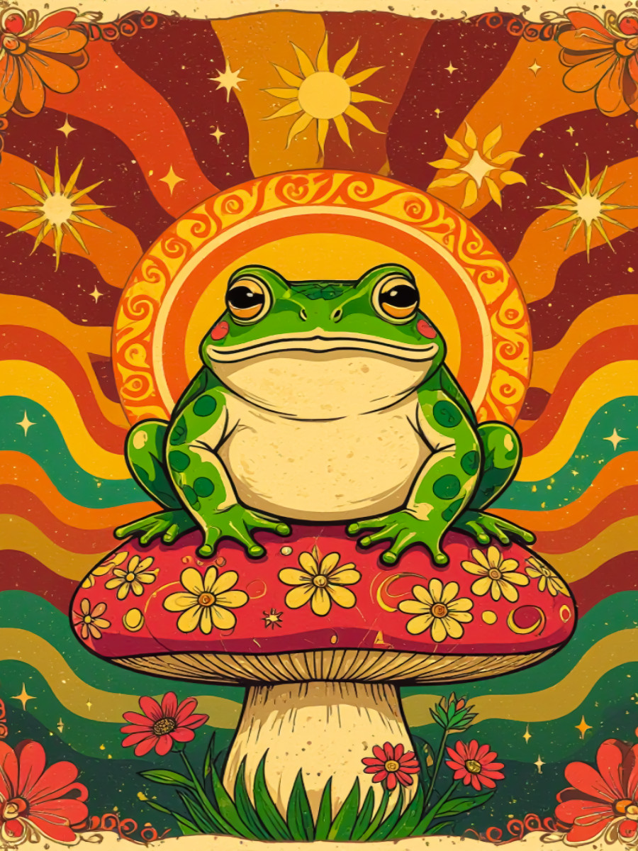 Psychedelische Kröte mit magischen 70er-Pilzfarben