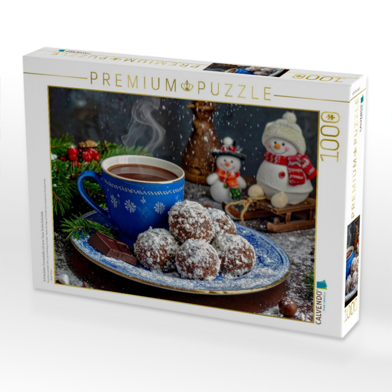 Schokoladen Schneebälle mit einer Tasse Trinkschokolade