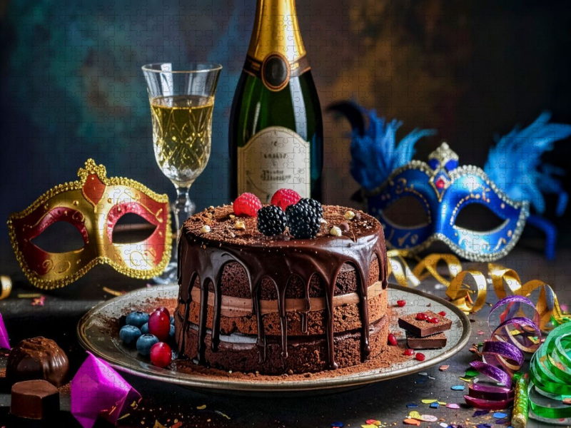 Französische Schokoladen Torte mit venezianischen Masken