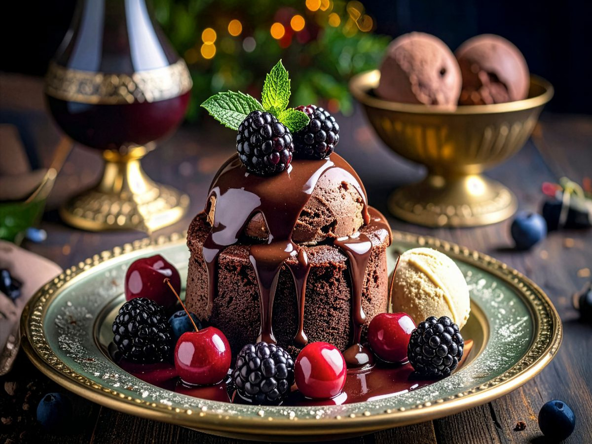 Schokoladen Souffle mit flüssiger Schokolade und Früchten
