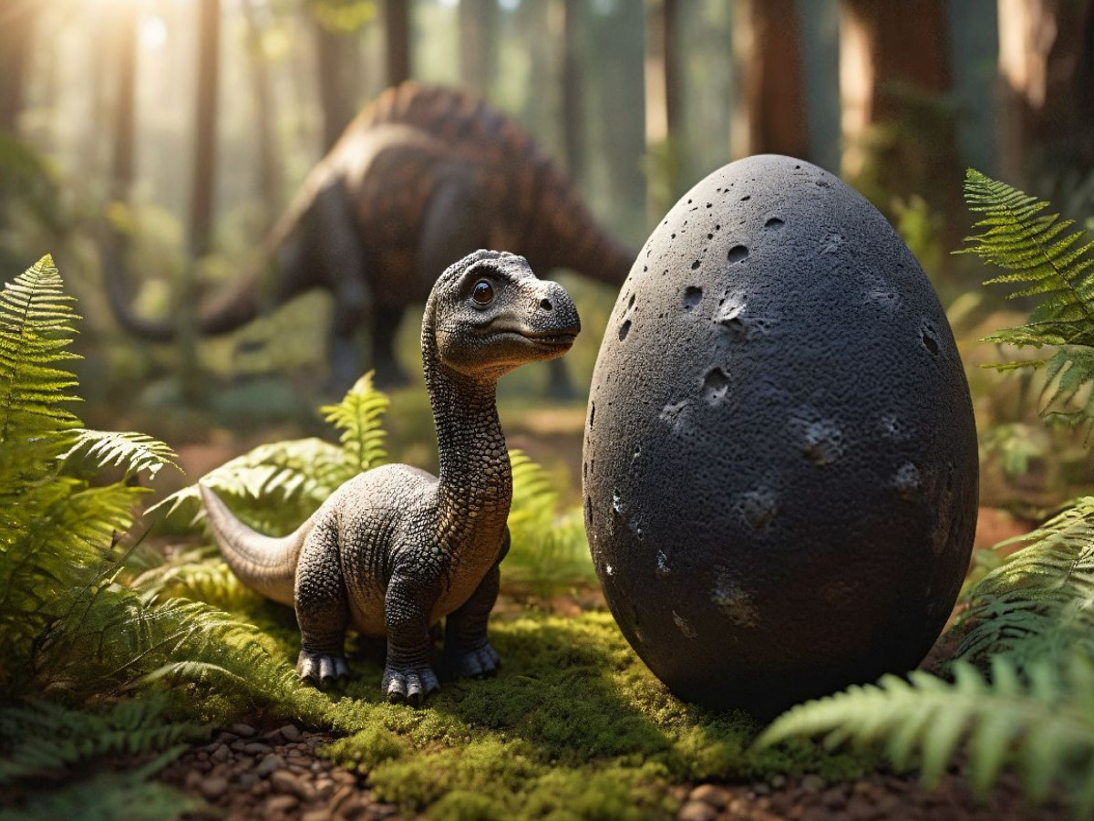 Niedliches Dinobaby vor einem Dinosaurierei