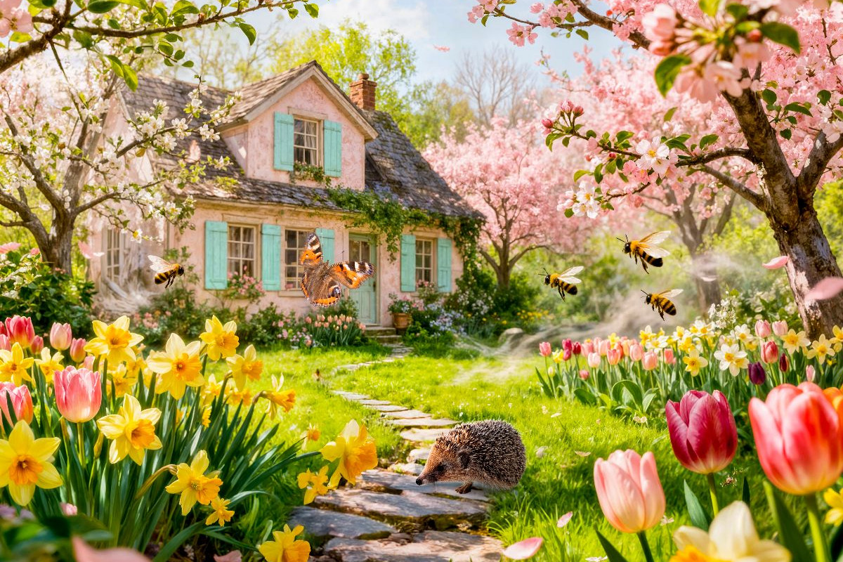 Frühlings‑Cottage im Garten mit Igel und Blütenzauber