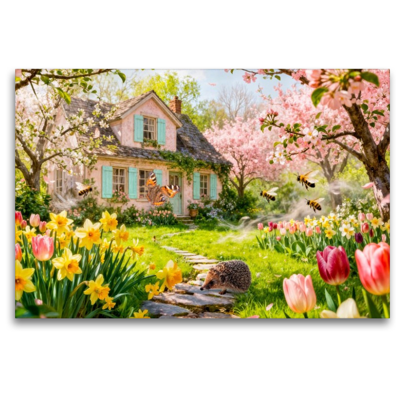 Frühlings‑Cottage im Garten mit Igel und Blütenzauber