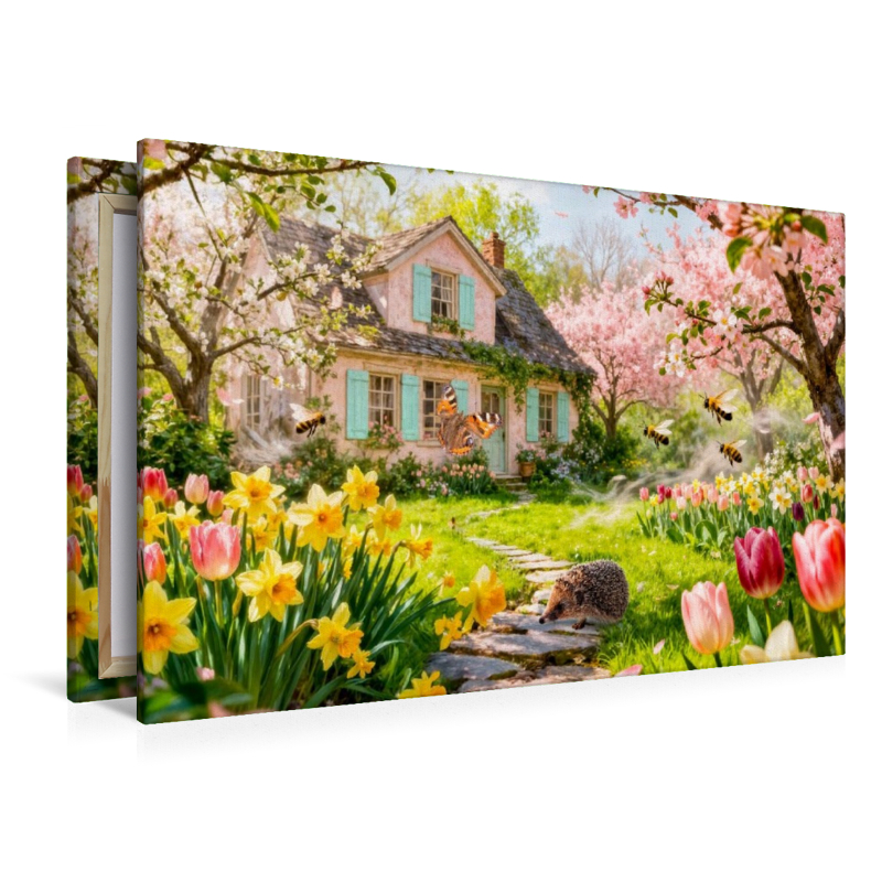 Frühlings‑Cottage im Garten mit Igel und Blütenzauber