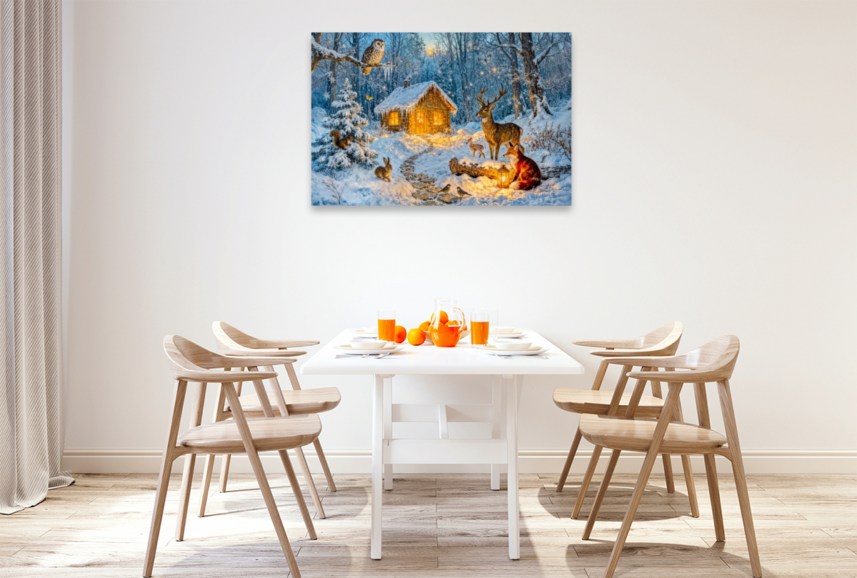 Winter‑Cottage im Wald mit Eule, Hase, Hirsch, Fuchs