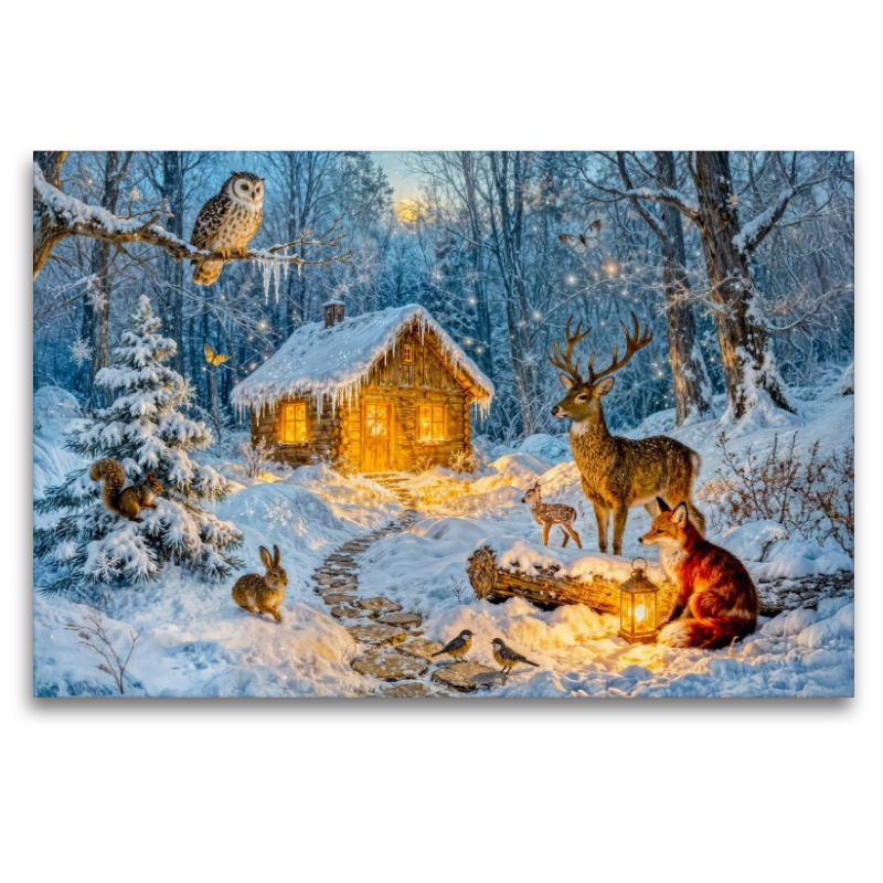 Winter‑Cottage im Wald mit Eule, Hase, Hirsch, Fuchs