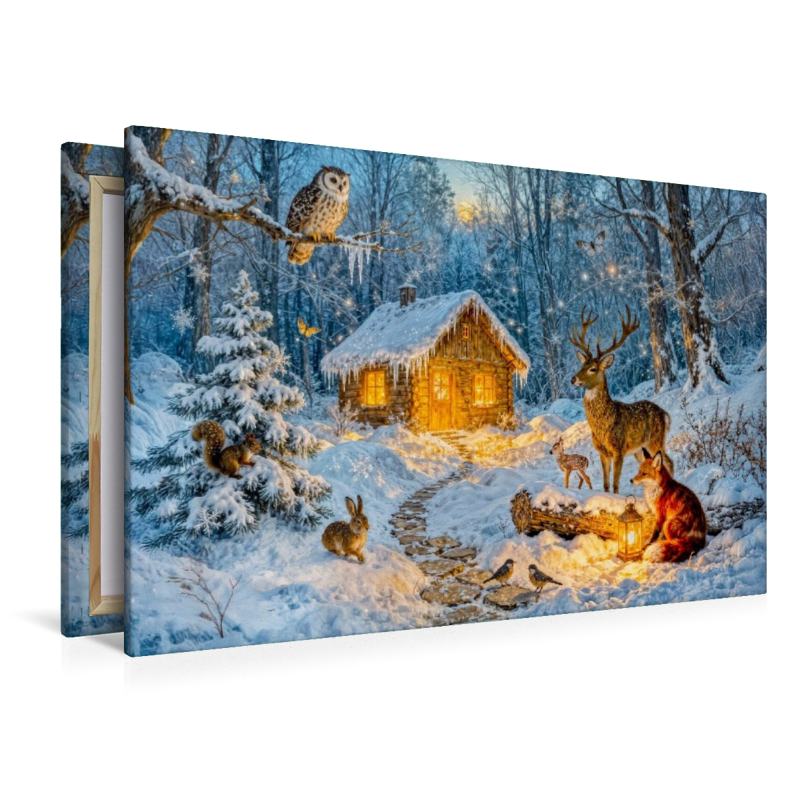 Winter‑Cottage im Wald mit Eule, Hase, Hirsch, Fuchs