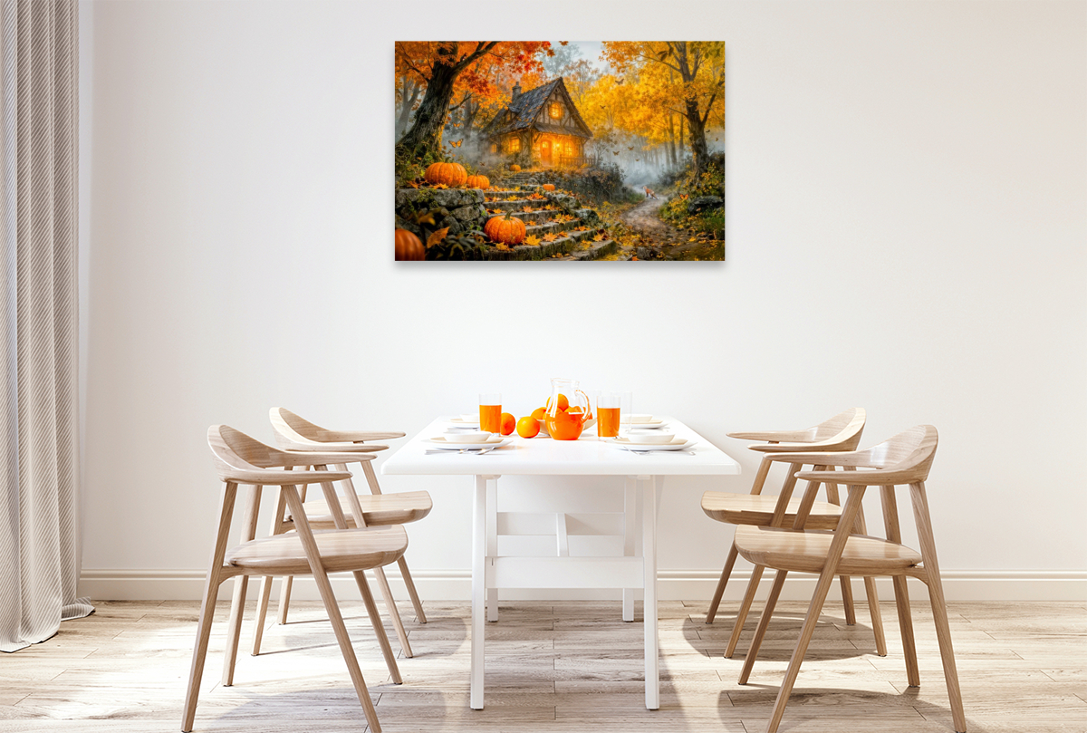 Herbst‑Cottage im bunten Wald mit Kürbis und Fuchs