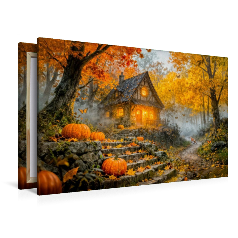 Herbst‑Cottage im bunten Wald mit Kürbis und Fuchs