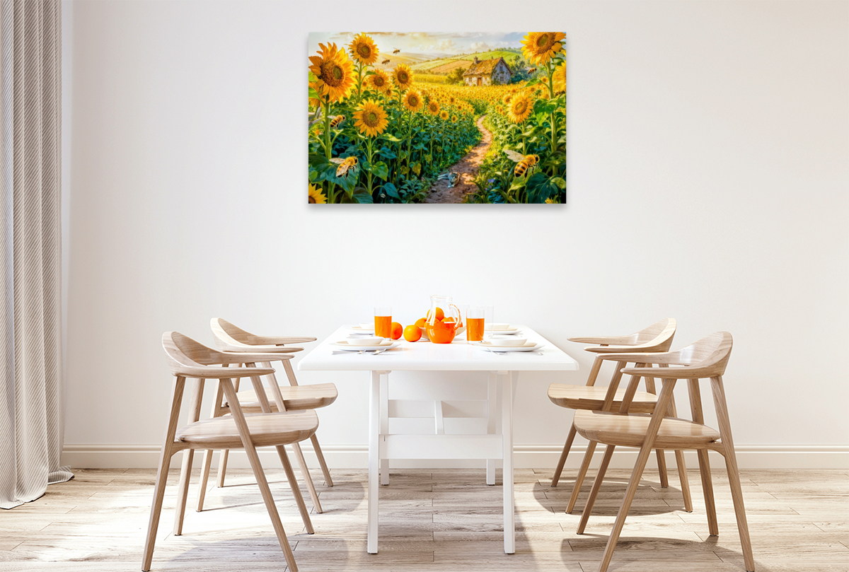 Cottage im Sonnenblumenfeld mit Katze auf dem Weg