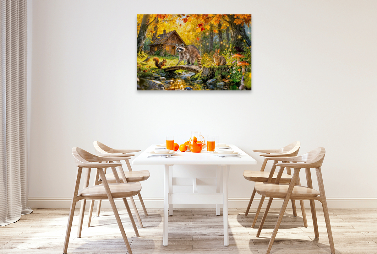 Herbst‑Cottage am Bach mit Ahornbaum und Waldtieren