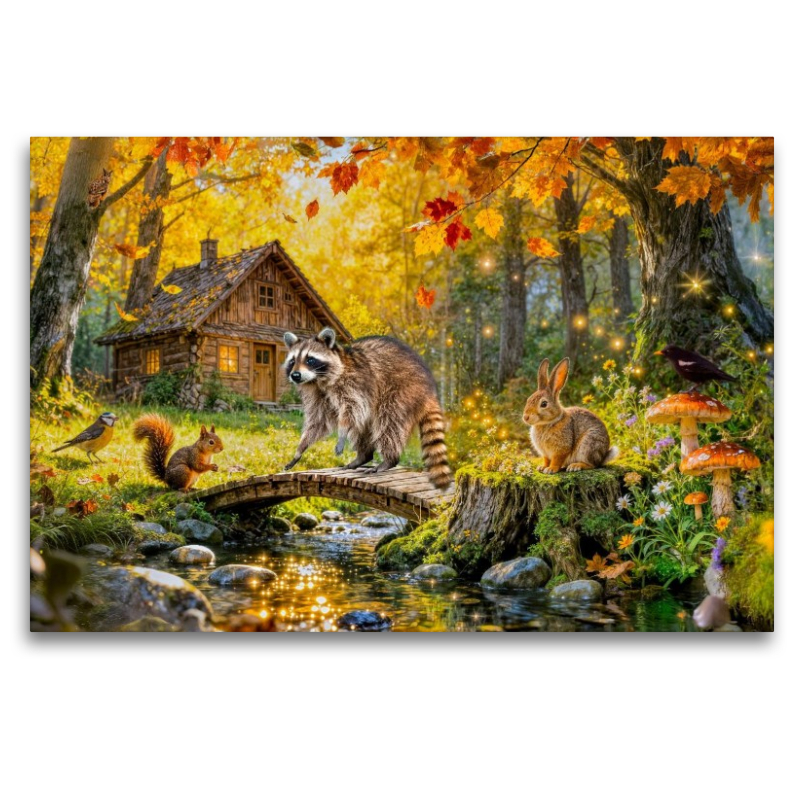 Herbst‑Cottage am Bach mit Ahornbaum und Waldtieren