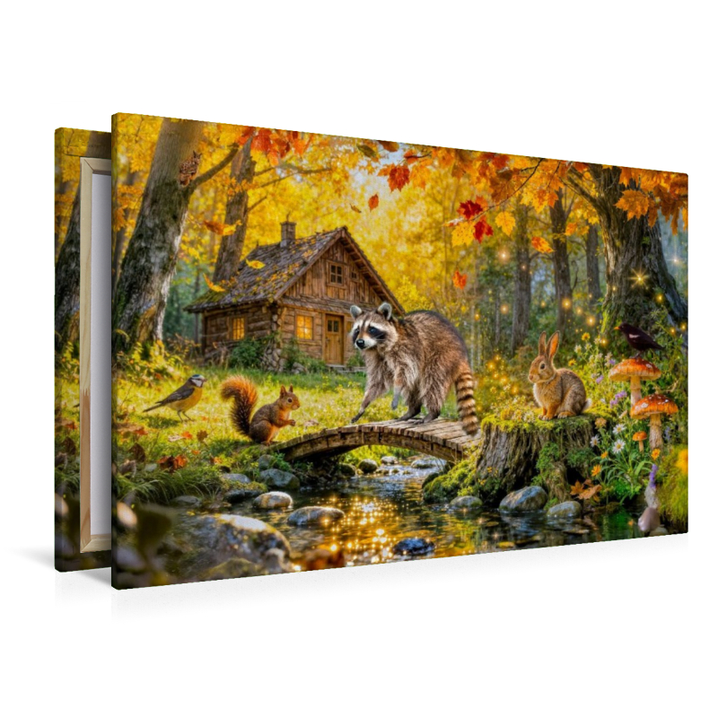 Herbst‑Cottage am Bach mit Ahornbaum und Waldtieren