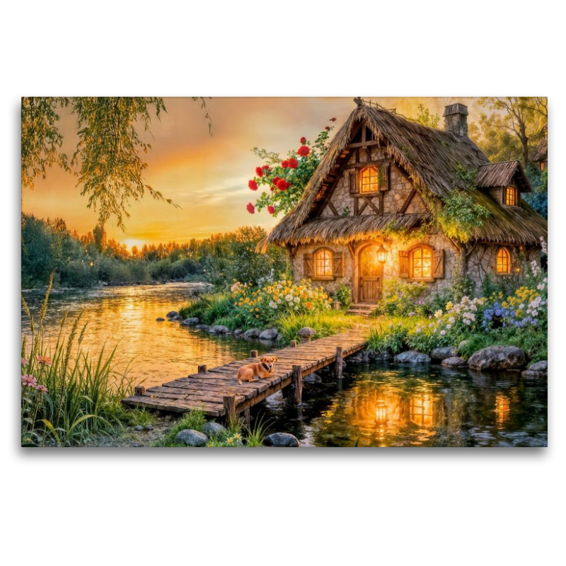 Spätsommer‑Cottage am Fluss mit Hund auf der Brücke