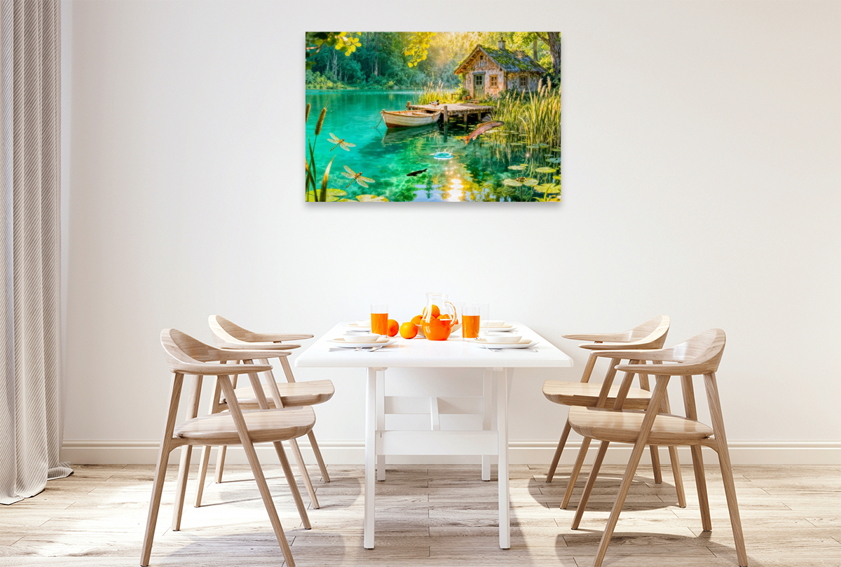 Cottage am Weiher mit Fischhütte, Boot und Forelle