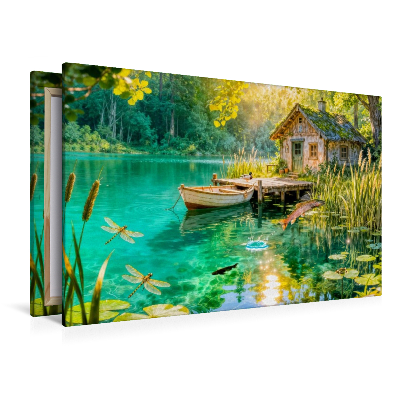 Cottage am Weiher mit Fischhütte, Boot und Forelle