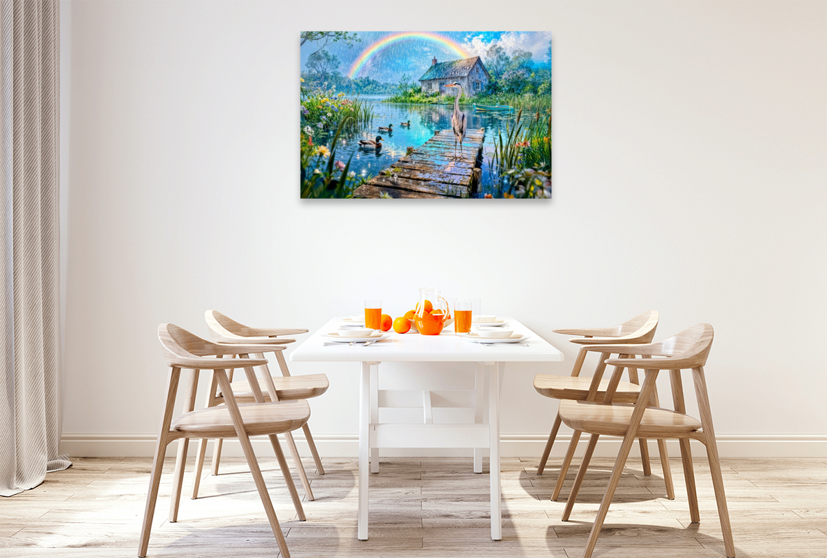 Cottage am See mit Regenbogen und Wasservögeln