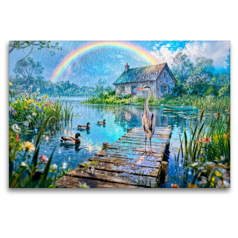 Cottage am See mit Regenbogen und Wasservögeln