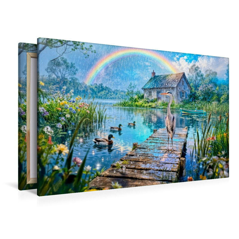 Cottage am See mit Regenbogen und Wasservögeln