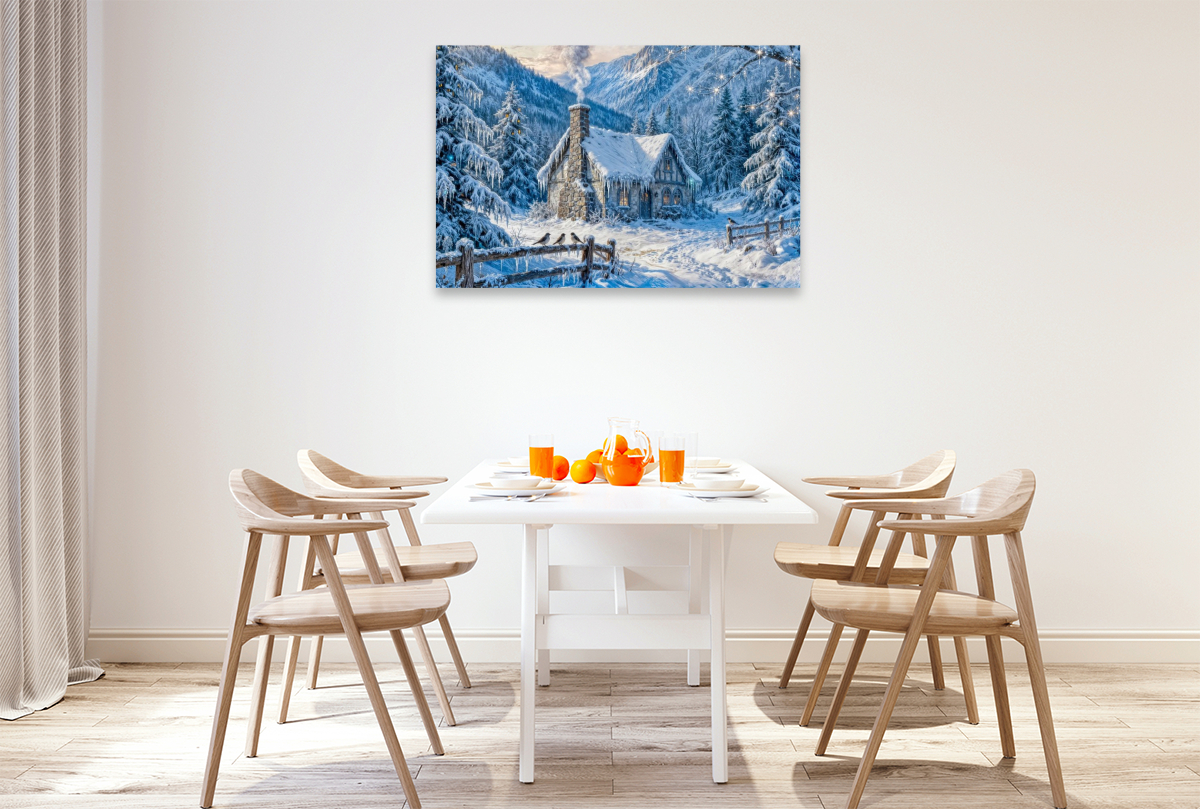 Winter‑Cottage im Bergwald mit Zaun und Waldvögeln