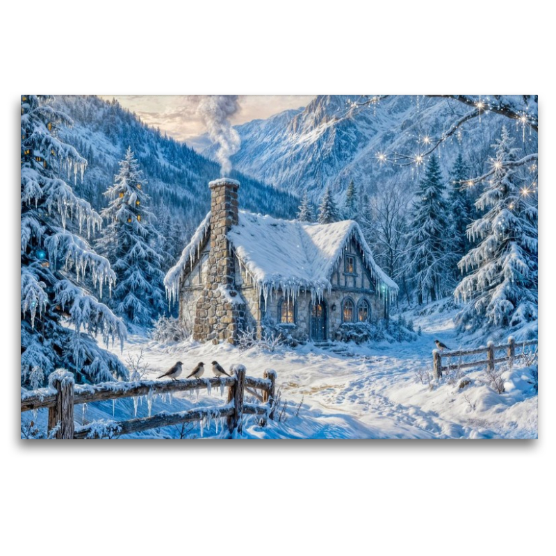 Winter‑Cottage im Bergwald mit Zaun und Waldvögeln