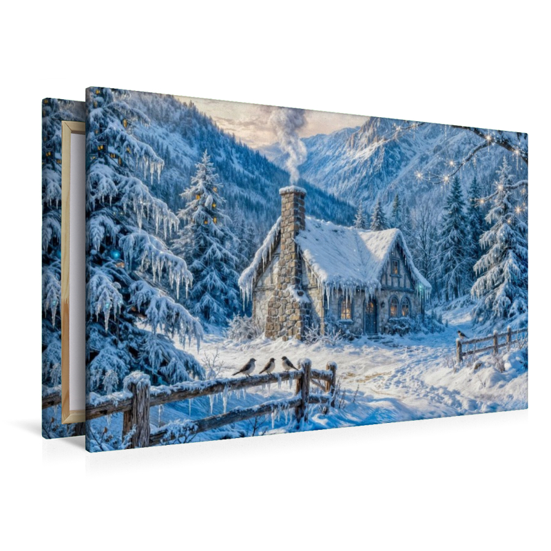 Winter‑Cottage im Bergwald mit Zaun und Waldvögeln