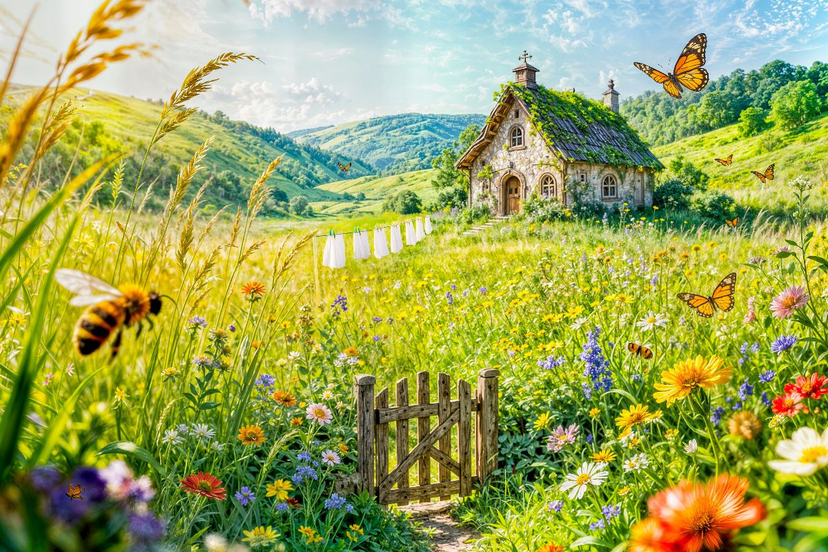 Sommer‑Cottage auf Blumenwiese mit Wäscheleine