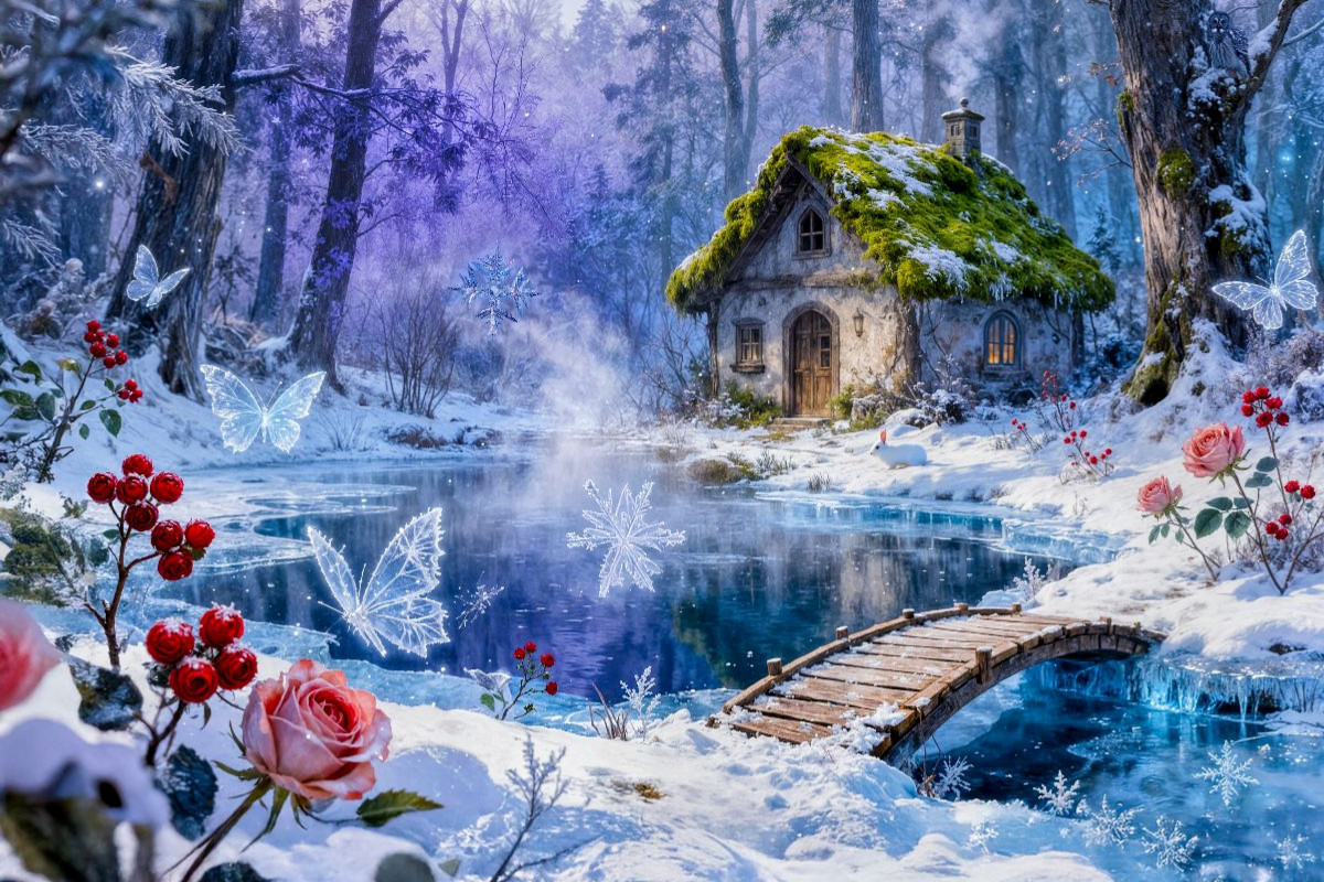 Winter‑Cottage am Bach mit Brücke und Rosenzauber