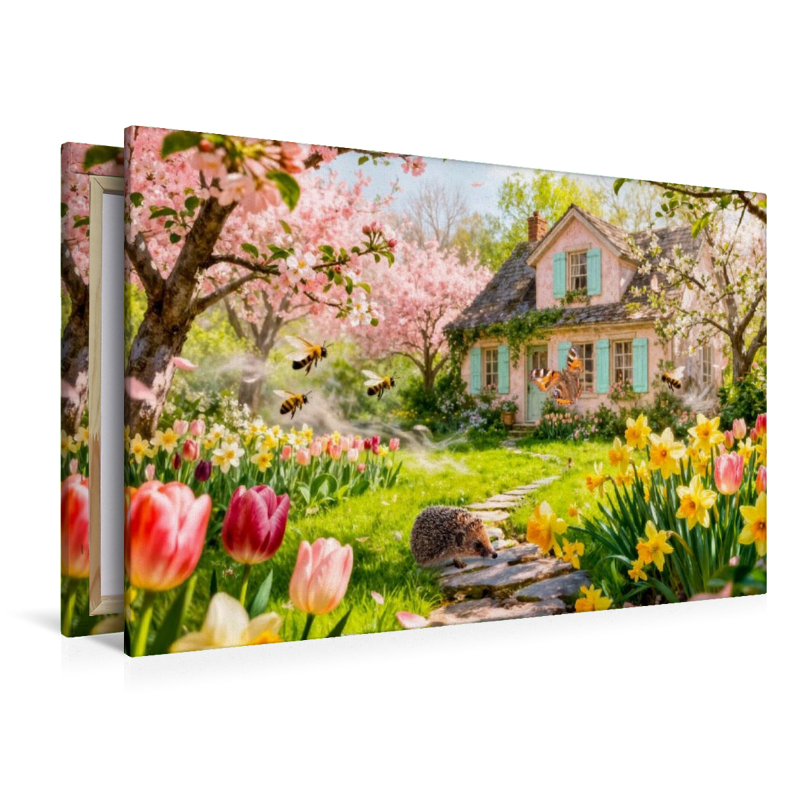 Frühlings‑Cottage mit Igel und blühenden Kirschbäumen