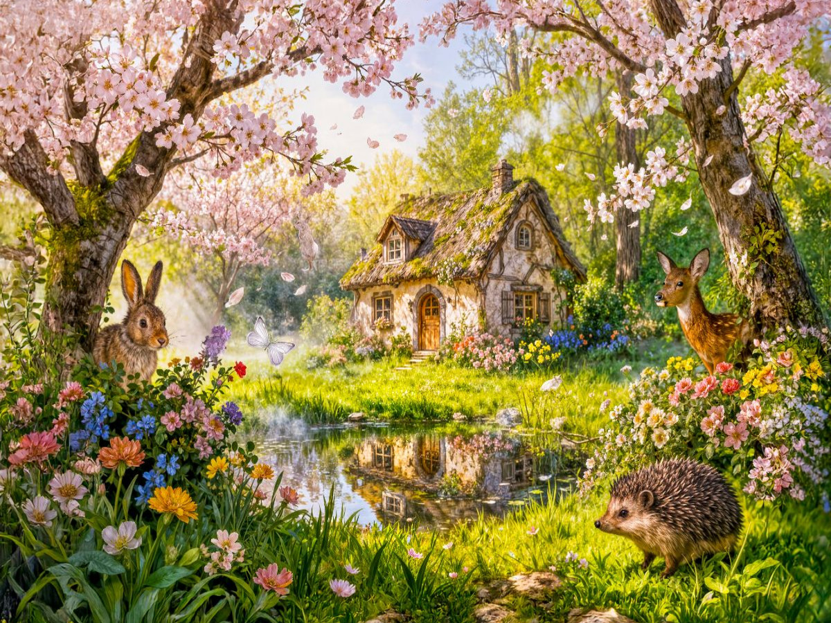 Frühlings‑Cottage mit Kirschblüten und Gartenteich