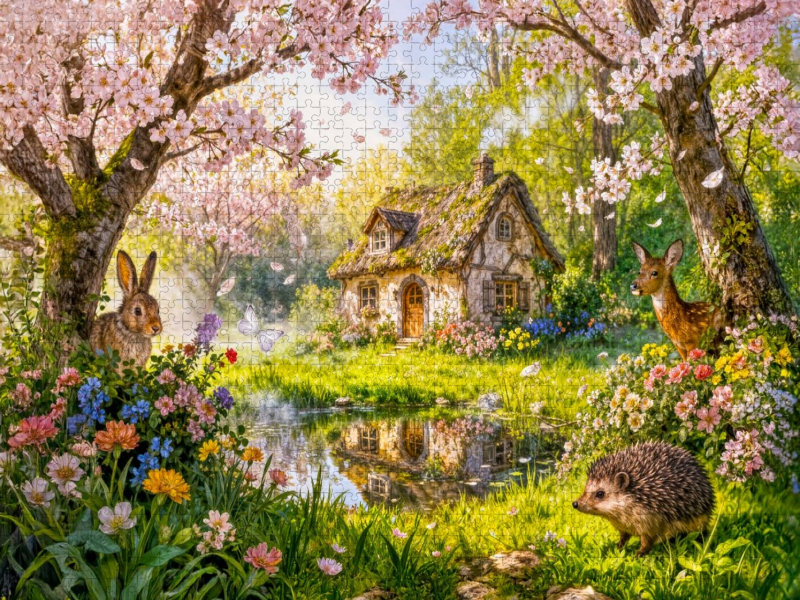 Frühlings‑Cottage mit Kirschblüten und Gartenteich